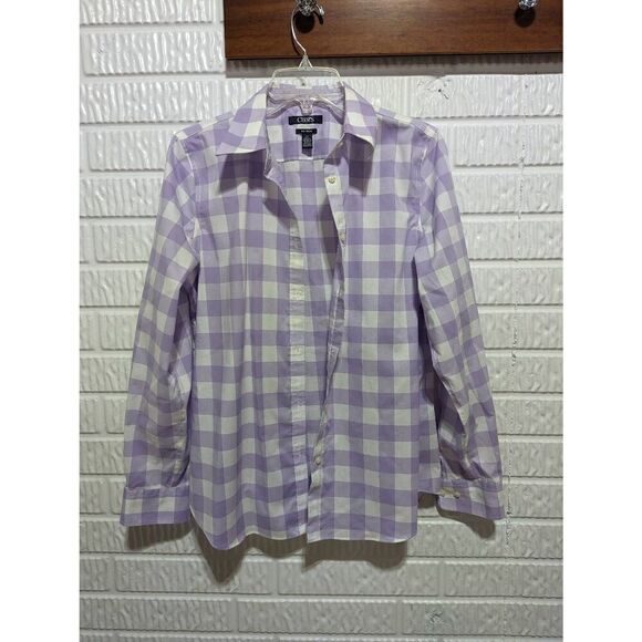 Chaps Women's L No Iron Button Front Lavender Check Long Sleeve Blouse - Picture 1 of 5